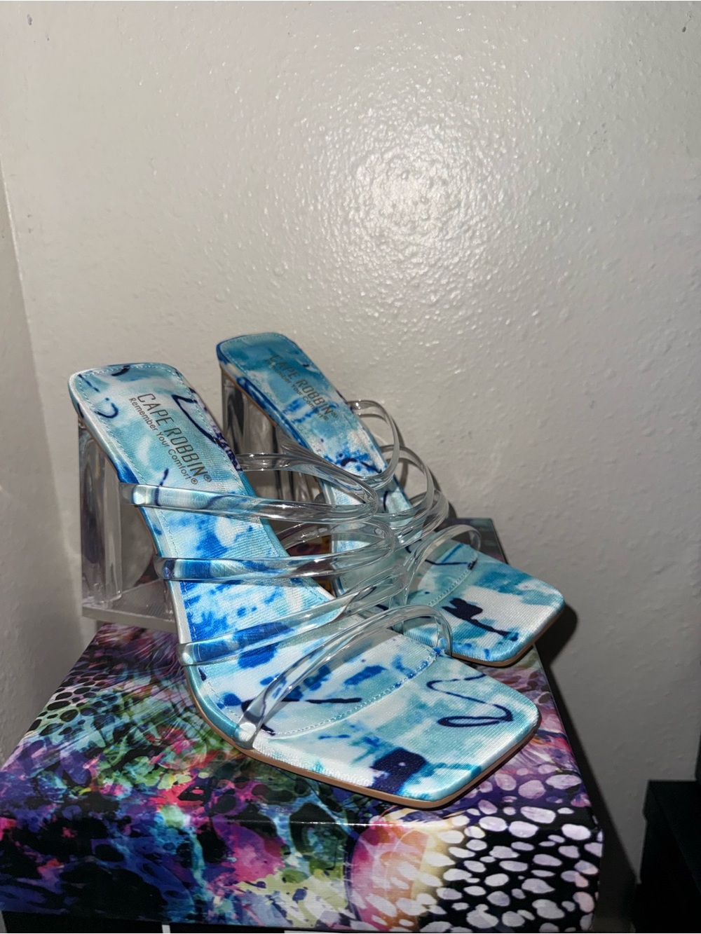Cape Robbin Clear Strap Blue Tie-Dye Block Heels